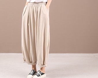 Sommer Baumwolle und Leinen Pumphose für Frauen, kurze Hosen mit elastischer Taille, Lockere große Damen Freizeithose, Retro Kunst Damenhosen