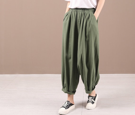 Summer Cotton and Linen Bloomers for Women Elastic Waist Cropped