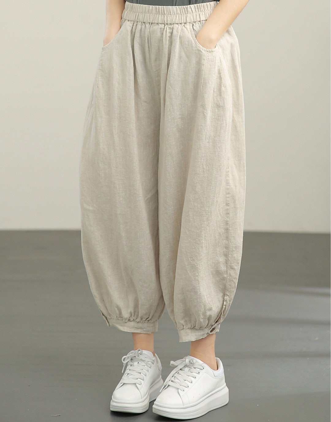 Patchwork Linen Loose Elastic Waist Women Harem Pants main image 0