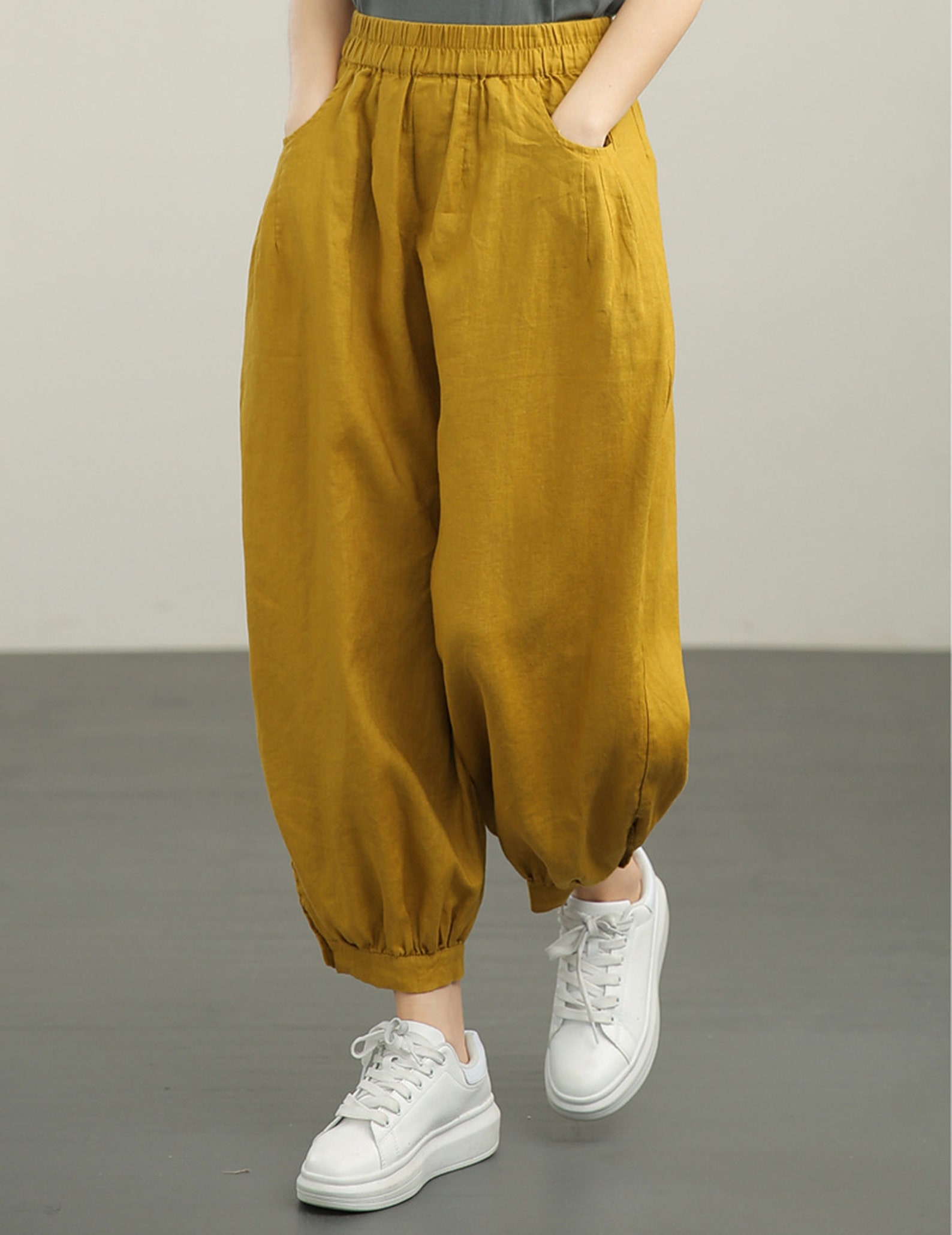 Ladies Linen Harem Pants Solid Color Elastic Waist Linen Etsy