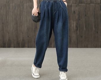 Handmade Denim blue Harem Pants: High Waist, Elastic Waistband