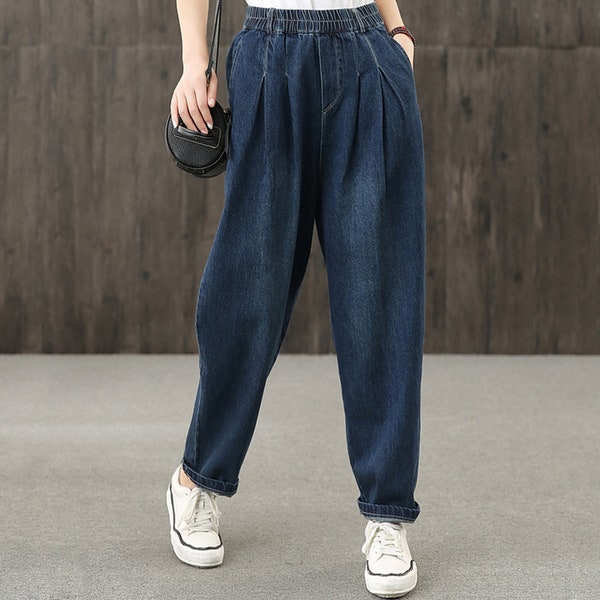 Ladies casual jeans, loose casual  pants,tooling jeans women,high waist jeans,large size pants,denim trousers,elastic waist women's pants