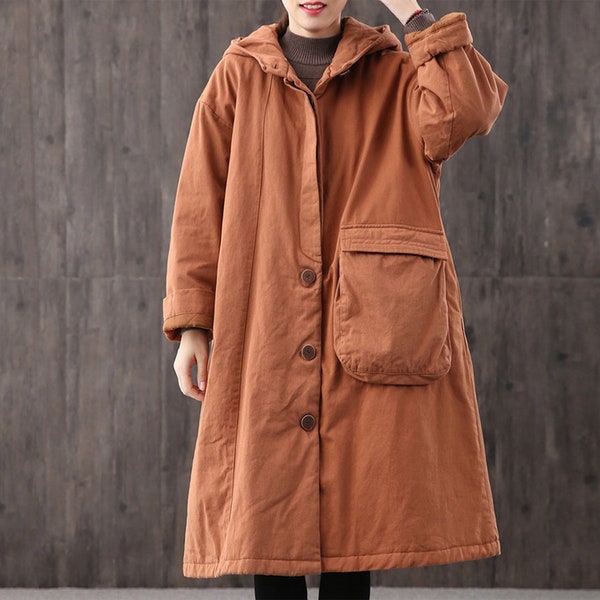 Winter long black loose warm cotton women's casual coat,single-breasted solid hooded retro coat,90S women's windbreaker,Thick warm coat