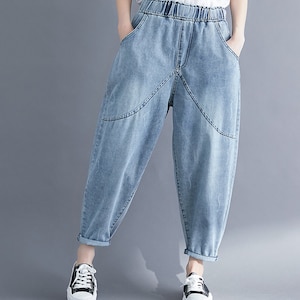 3/4 light blue jeans, 90S stretch jeans, washed jeans, blue loose trousers, large size pants, blue gradient pants, loose women&#39;s pants