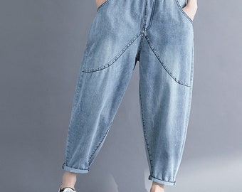 Hellblaue 3/4-Jeans, 90er-Jahre-Stretchjeans, ausgewaschene Jeans, blaue weite Hosen, große Hosen, blaue Farbverlaufshose, weite Damenhosen