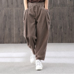 Autumn retro loose pants,women's corduroy harem pants,casual pants women,brown corduroy wide leg pants,casual large size harem pants