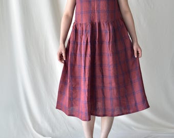 Handmade Linen Plaid Midi Dress: Large size Sleeveless Retro Sundress
