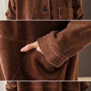 May include: A brown corduroy shirt with a button-up front and a single pocket on the left chest.