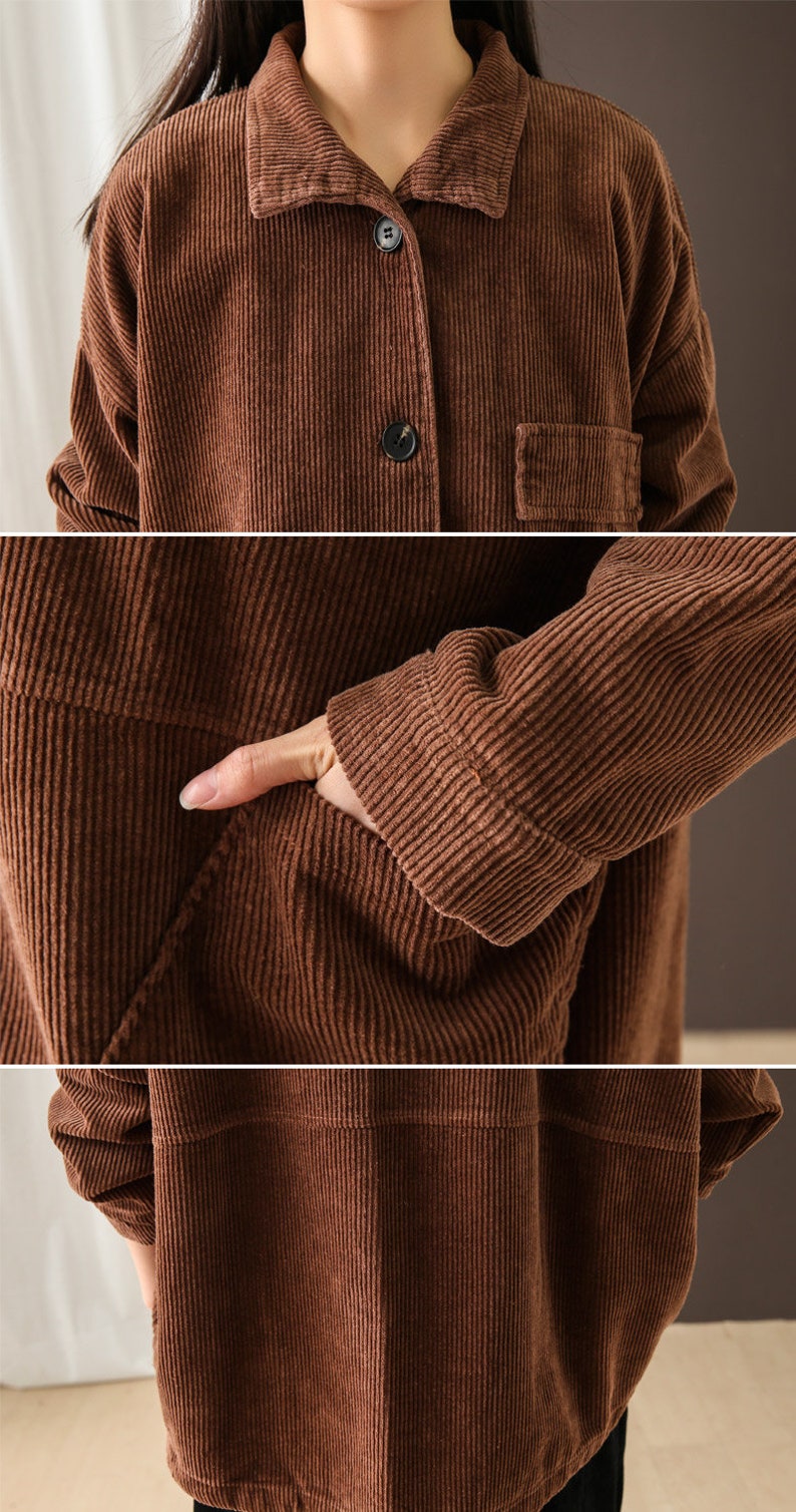 May include: A brown corduroy shirt with a button-up front and a single pocket on the left chest.