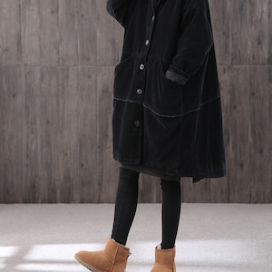women's Winter long retro corduroy hooded casual coat, handmade large size loose coat, thick warm coat, 90S corduroy loose trench coat image 7