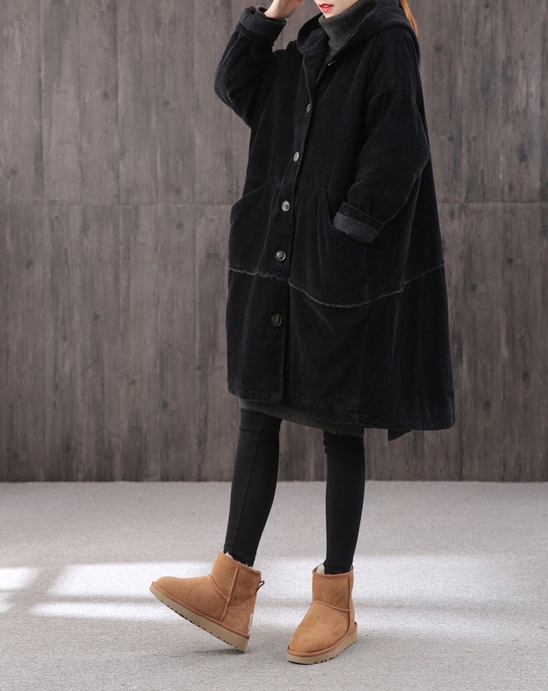 women's Winter long retro corduroy hooded casual coat, handmade large size loose coat, thick warm coat, 90S corduroy loose trench coat image 7