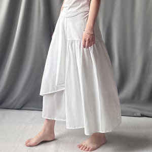 Elegant High-Low White Linen Midi Skirt – Flowy Asymmetrical Design, Perfect for Summer – Women&#39;s Bohemian Fashion, Ethereal and Lightweight