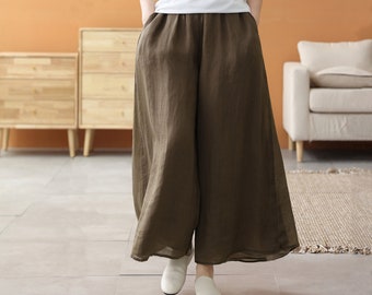 Boho Solid Linen Vintage Wide Leg Damenhose, Plus Size elastische Taillenhose, Geschenk für sie, lockere Leinenhose, Boho-Hose für Damen