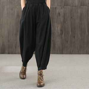 Large size women's casual pants, retro loose pants, cotton and linen trousers, elastic waist women's trousers, larp pants, black pants