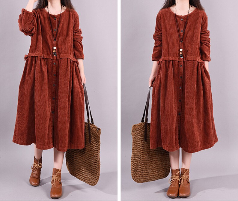 Large size round neck corduroy casual dress,women/'s dress,handmade corduroy dress,Maxi dress,solid cotton dress,winter black warm dress
