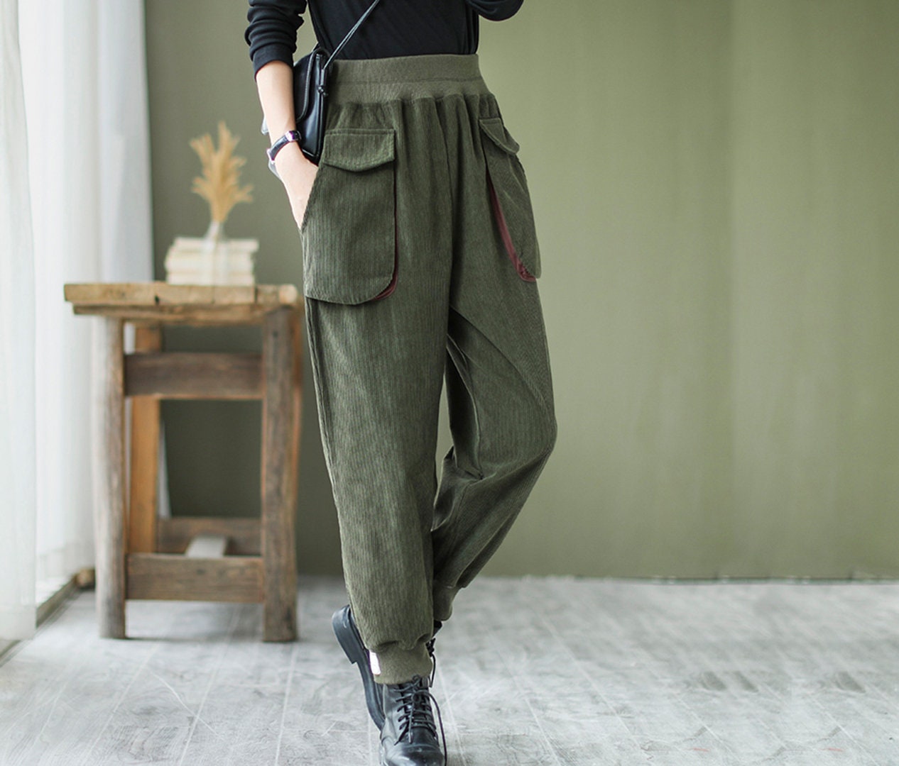 Green High Waist Square Pockets Corduroy Pants