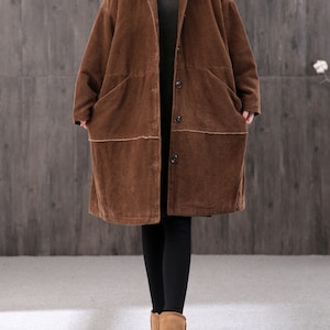 Womens Corduroy Hooded Jacket, Winter Warm Casual Outerwear, Loose winter coat, women warm coat, Women&#39;s mid-length hooded jacket