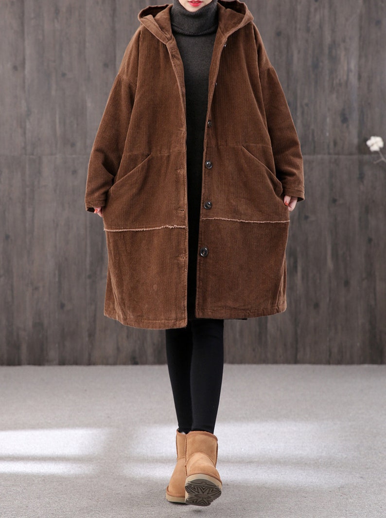 women's Winter long retro corduroy hooded casual coat, handmade large size loose coat, thick warm coat, 90S corduroy loose trench coat image 8