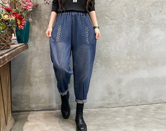 Patchwork Denim Harem Pants: Elastic Waist Cropped Jeans
