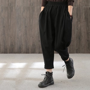 Black Cotton Harem Pants: High Waist 3/4 Length, Oversize Vintage Style