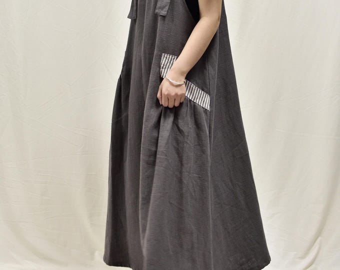 Oversized Linen Overall Dress, Adjustable Strap Maxi Dress with Big Pockets