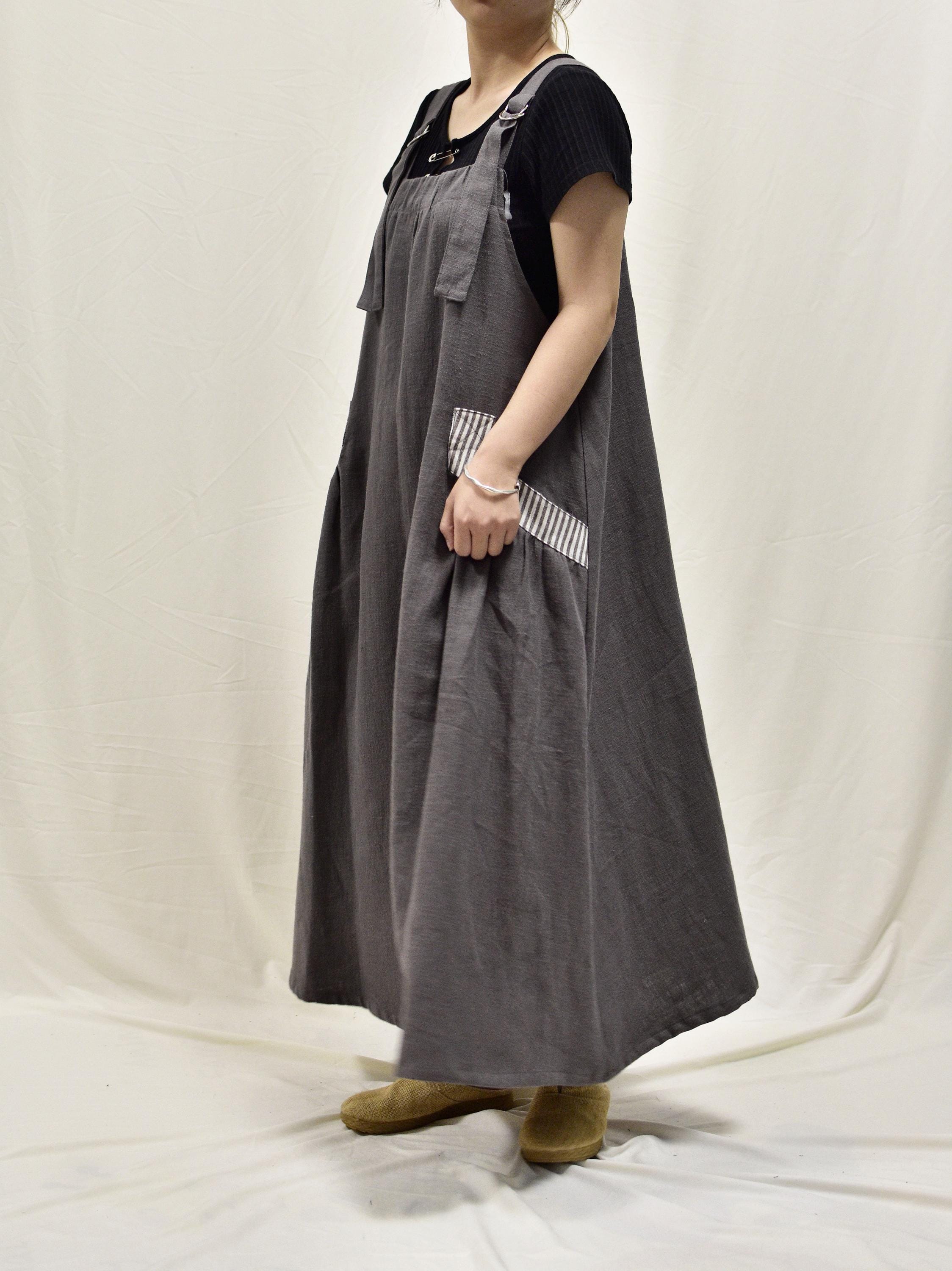 Oversized Linen Overall Dress, Adjustable Strap Maxi Dress with Big Pockets