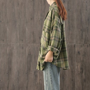 Loose vintage long-sleeved casual shirt,large size plaid shirt,polo collar shirt,women&#39;s shirt,Loose cotton single-breasted straight shirt