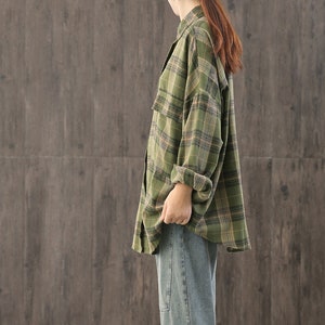 Loose vintage long-sleeved casual shirt,large size plaid shirt,polo collar shirt,women's shirt,Loose cotton single-breasted straight shirt