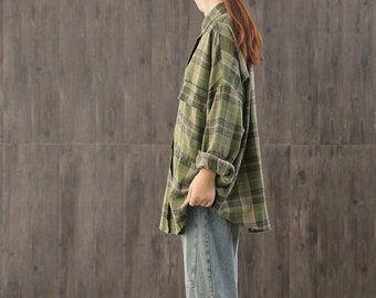 Loose vintage long-sleeved casual shirt,large size plaid shirt,polo collar shirt,women's shirt,Loose cotton single-breasted straight shirt