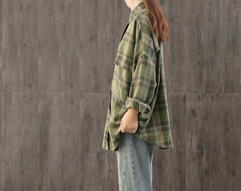 Loose vintage long-sleeved casual shirt,large size plaid shirt,polo collar shirt,women's shirt,Loose cotton single-breasted straight shirt