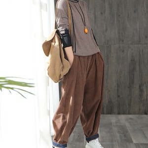 Autumn and winter corduroy harem pants,corduroy high waist pants,corduroy striped pants,adjustable elastic waist pants,Corduroy casual pants