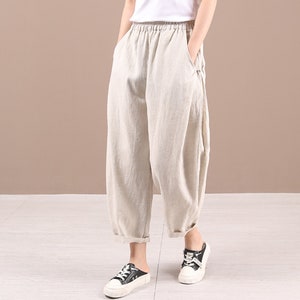 Ladies harem pants, high-waist pants, summer elastic waist cotton and linen pants, Retro buttoned cropped pants, women's casual harem pants