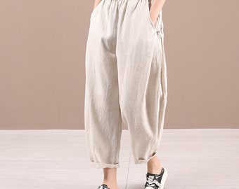 Ladies harem pants, high-waist pants, summer elastic waist cotton and linen pants, Retro buttoned cropped pants, women's casual harem pants