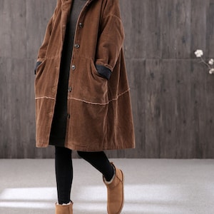 women's Winter long retro corduroy hooded casual coat, handmade large size loose coat, thick warm coat, 90S corduroy loose trench coat image 9