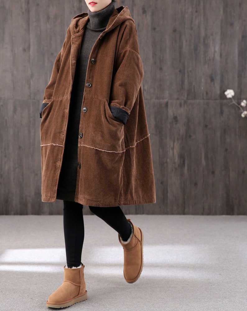 women's Winter long retro corduroy hooded casual coat, handmade large size loose coat, thick warm coat, 90S corduroy loose trench coat image 9