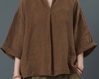 Handmade Linen V-Neck T-Shirt: Women's Loose Fit Summer Top