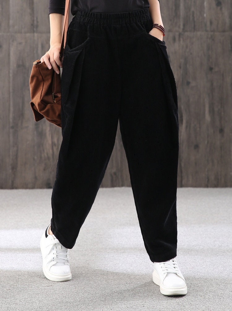 Pantalon Velours Côtelé Femme Taille Haute Élastique - Sarouel Décontracté Automne Hiver Couleur Unie