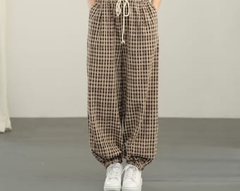 Cotton Linen Plaid Bloomers: Elastic Waist 3/4 Pants
