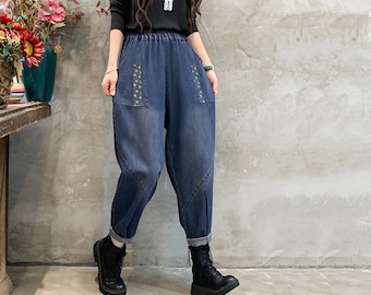 Patchwork Denim Harem Pants: Elastic Waist Cropped Jeans