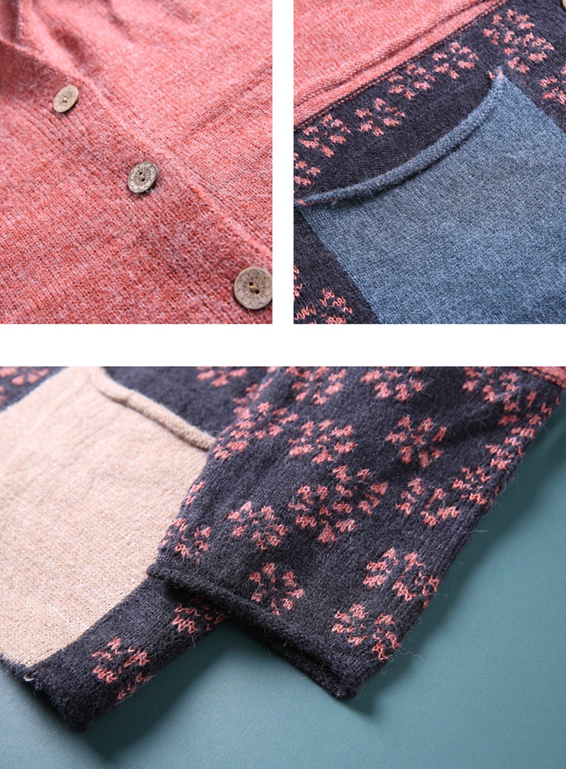 Cardigan con scollo a V tessuto a mano da donna, cardigan lavorato a maglia rosa, maglione lavorato a maglia casual sciolto da donna, caldo maglione casual anni '80, maglione lavorato a mano da donna immagine 5