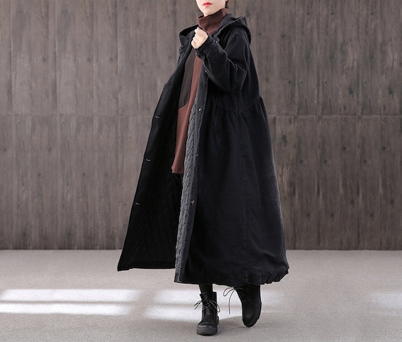 Vintage Art Ladies Casual Cotton, Black Long Hooded Women's Coat
