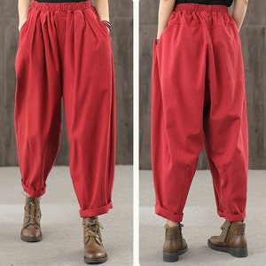 Pantalon décontracté pour femmes de grande taille, pantalon ample rétro, pantalon en coton et lin, pantalon pour femme taille élastique, pantalon GN, pantalon noir image 3