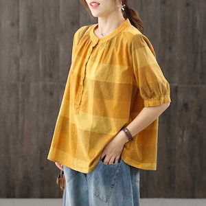 Yellow Plaid Cotton Top: Loose Fit Summer Blouse