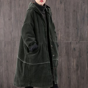 women's Winter long retro corduroy hooded casual coat, handmade large size loose coat, thick warm coat, 90S corduroy loose trench coat image 6