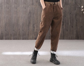 Winter solid color thick warm corduroy casual pants, long plus velvet high waist women's pants, elastic waist warm pants,Brown long pants