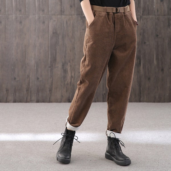 Winter solid color thick warm corduroy casual pants, long plus velvet high waist women's pants, elastic waist warm pants,Brown long pants