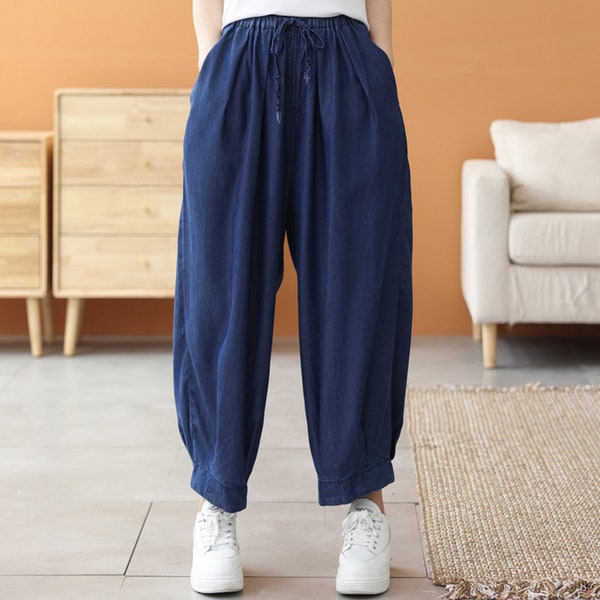 Sarouel d'été décontracté ample pour femmes à taille élastique, sarouel en denim à cordon de serrage confortable de couleur unie pour femmes.