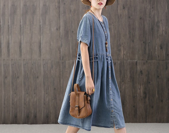 Vestido suelto de verano vestido retro vestido de talla grande vestido de mezclilla de mujer vestido casual vestido de mezclilla vestido de algodon vestido de media manga vestido azul Etsy Espana