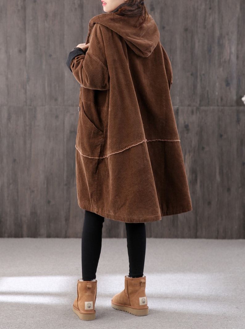 women's Winter long retro corduroy hooded casual coat, handmade large size loose coat, thick warm coat, 90S corduroy loose trench coat image 4