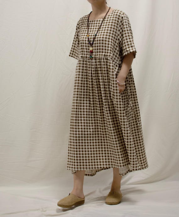 brown and white check dress Handmade Gingham Linen Maxi | Retro Plaid Boho Kaftan Style With Pockets do not bleach custom_World Cup: Black Tie Events Anna Midi Dress - Size:3XT